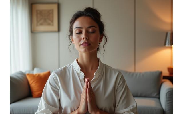 Executive practicing mindfulness in a calm, modern office setting, representing advanced stress management